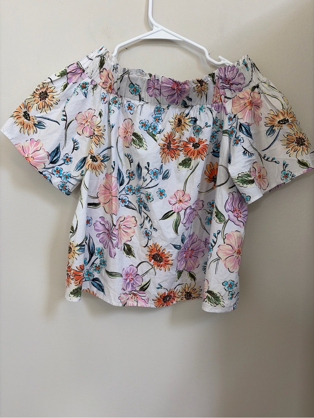 Floral Off-Shoulder Women’s Top - White with Pastel Flowers